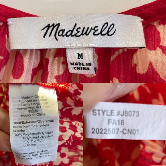 Madewell Crinkled Button-Back Tie Tee in Full Bloom Womens Size Medium Red Cream - Picture 6 of 8